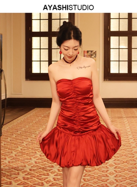 AYASHI【缎紅】日本进口绸缎皱褶醋酸抹胸礼服蓬蓬连衣裙酒红年会