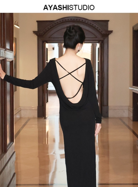 AYASHI【婵媛】日本进口醋酸立裁法式赫本风一字领大露背连衣裙