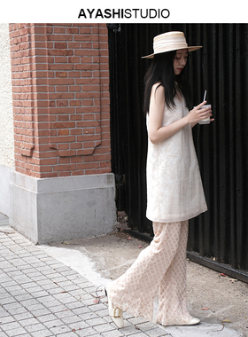 AYASHI【漫涟】进口提花雪纺立裁爱琴四叶草半透休闲微喇长阔腿裤