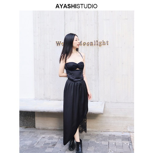 AYASHISTUDIO光缎蕾丝拼接吊带