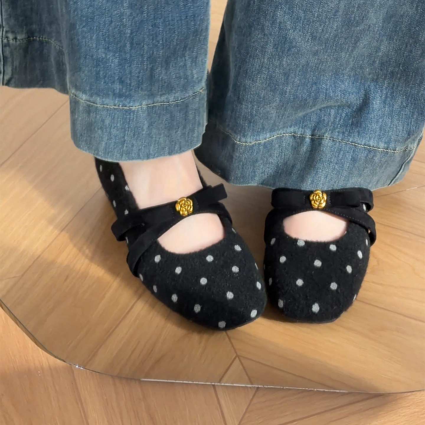 加宽版~法式波点玛丽珍鞋女小香风内增高芭蕾单鞋宽胖脚大码女鞋