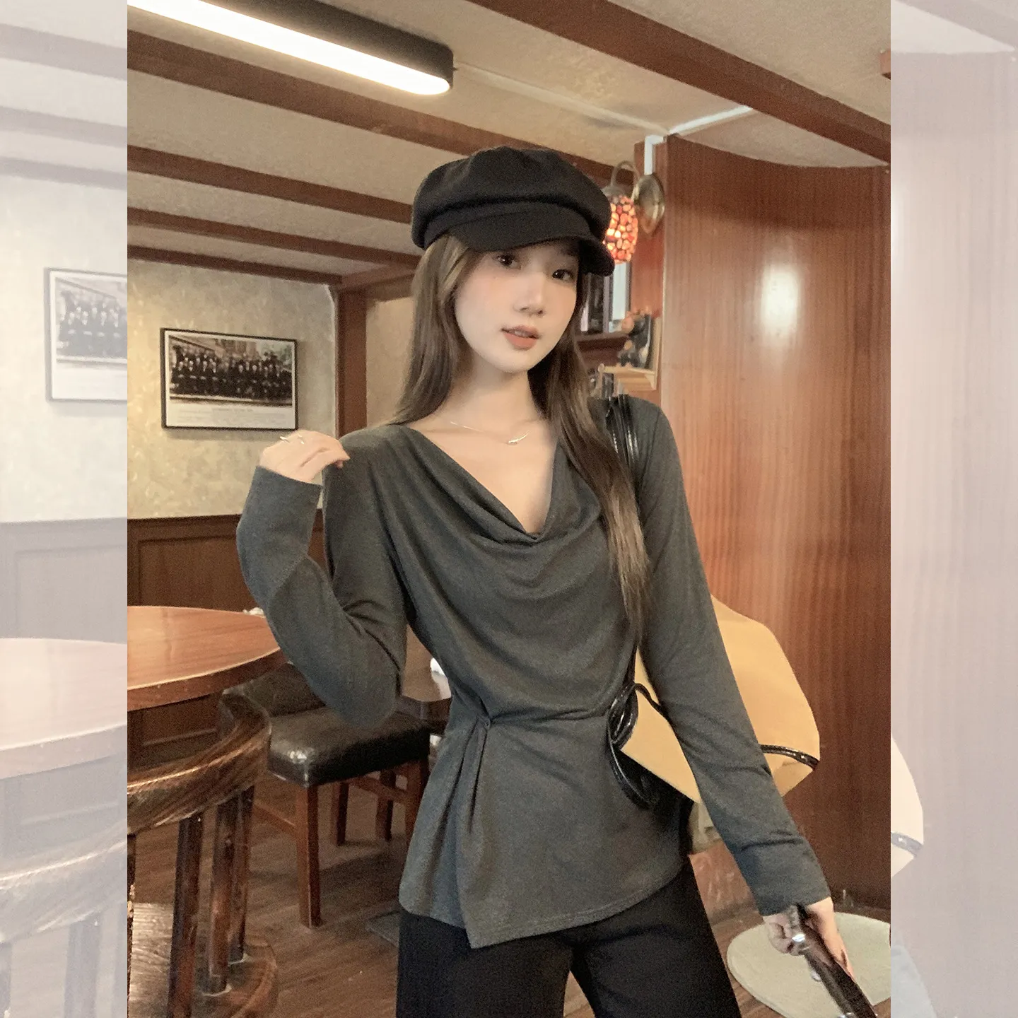 灰色慵懒风褶皱露肩一字领宽松纯色长袖T恤新款韩版秋日女装上衣