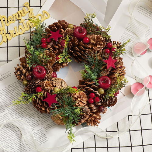 森系苔藓玫瑰花环圣诞节橱窗场景布置装饰复古大松果壁挂门挂饰