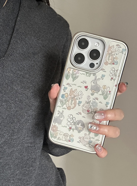 RS｜兔子苹果17手机壳滴胶电镀软壳ins风彩绘油画蝴蝶插画16promax新款保护套iPhone15Pro小众节日氛围感
