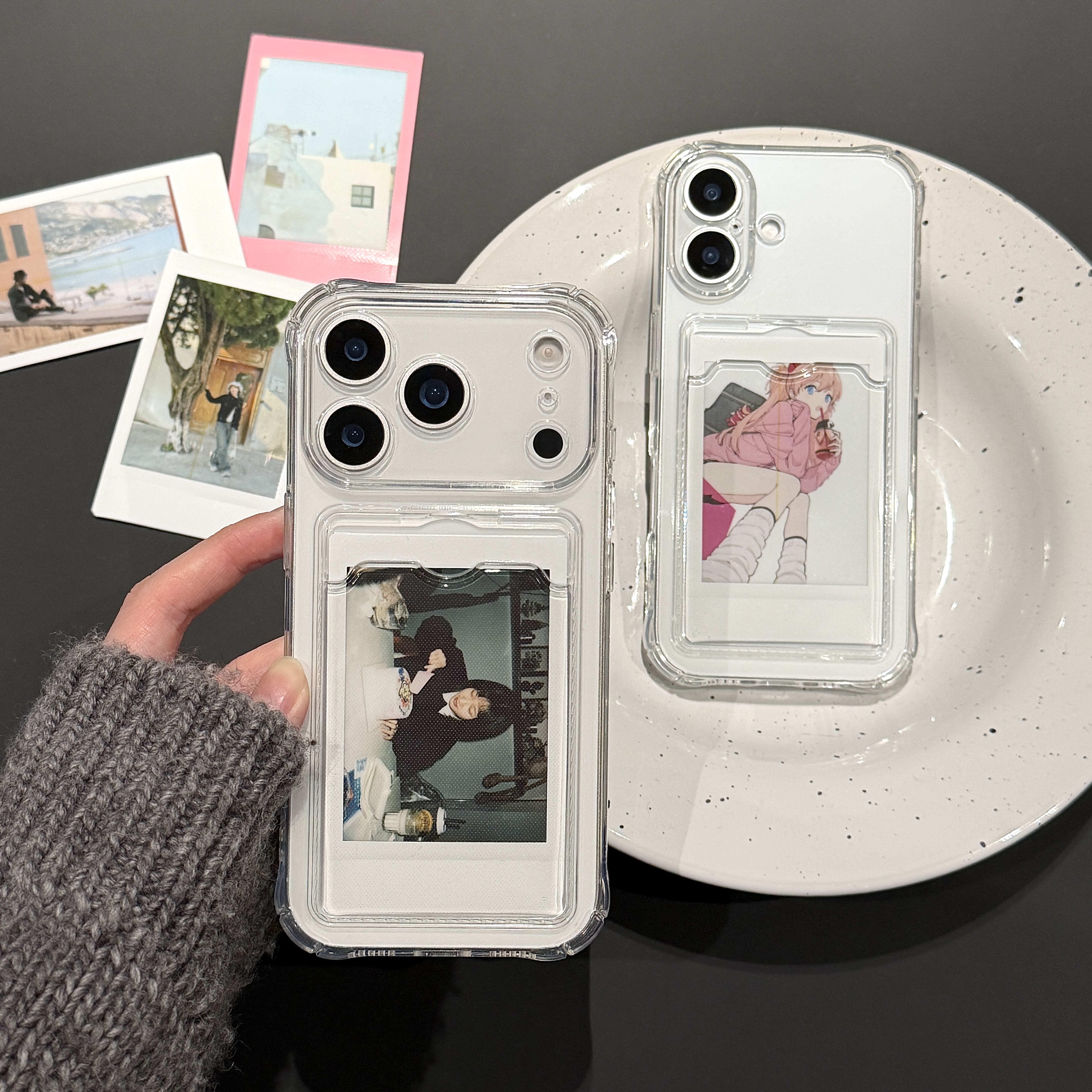 仅适用苹果拍立得手机壳17promax卡槽保护壳情侣闺蜜定制打印照片证件插卡透明精孔软壳16防摔15卡包小卡