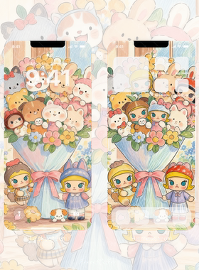 泡泡玛特Molly玩偶水彩画花束 蜡笔高清手机头像壁纸 2张 BI_0045