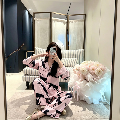 半眠Pyjamas印花豹纹冰丝轻奢睡衣女春秋气质长袖长裤家居服套装