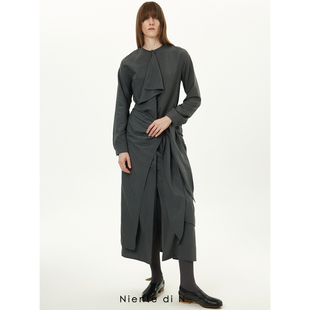 纽扣系结雾蓝灰无领连衣裙 Niente