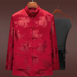 高档唐装男中老年秋冬季长袖外套中式爸爸婚礼祝寿服喜公公婚宴装