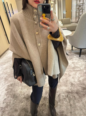 墨绿色金扣高领针织上衣 气质慵懒宽松针织斗篷