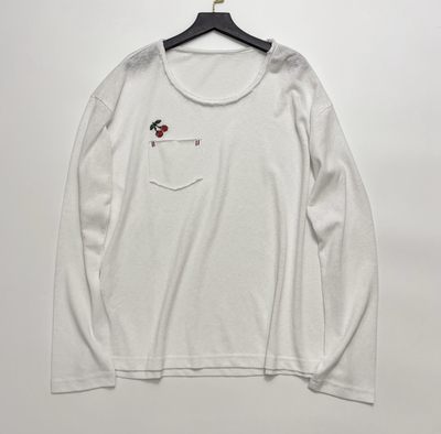 法式趣味廓形设计～樱桃刺绣口袋女长袖T恤