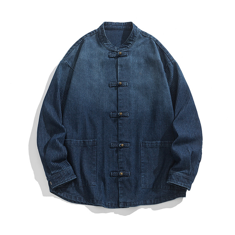 24年秋冬加大码渐变立领做旧风汉服牛仔夹克外套JK65F105,男装夹克,电商B375