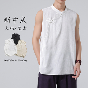24年夏风立领新中式纯色麻店主风无袖衬衫 M到5XL C75 F55图片