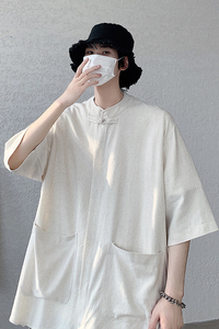 夏装棉麻纯色复古太极汉服加大码港风风短袖衬衫 C61 F65图片