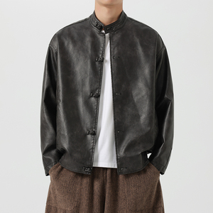 24年复古皮衣外套立领机车夹克风布扣唐装 JK69 P125图片