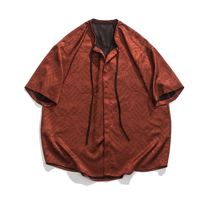 春夏双面纱复古暗纹理太极服宽松新中式日系短袖衬衫 C74 F70图片