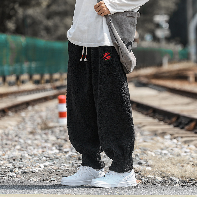 冬季羊羔毛复古刺绣宽松收口风汉服搭配休闲裤K121P70,男装休闲裤,电商B375