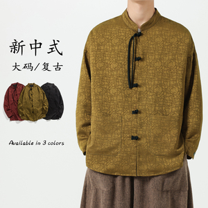 24年加大码纱料民族风龟裂纹模特日系中式长袖衬衫 C83 F75,男装民族服装,电商B375