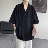 24年复古布扣棉麻宽松暗黑系风休闲短袖西服JK40F65，男装西服，电商B375