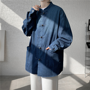 港风唐装汉服复古牛仔水洗做旧厚衬衫风衬衣 JK65 P105图片