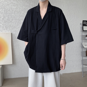 夏季加大码纯色麻料复古新中式港风短袖西服 M到5XL JK40 F65图片