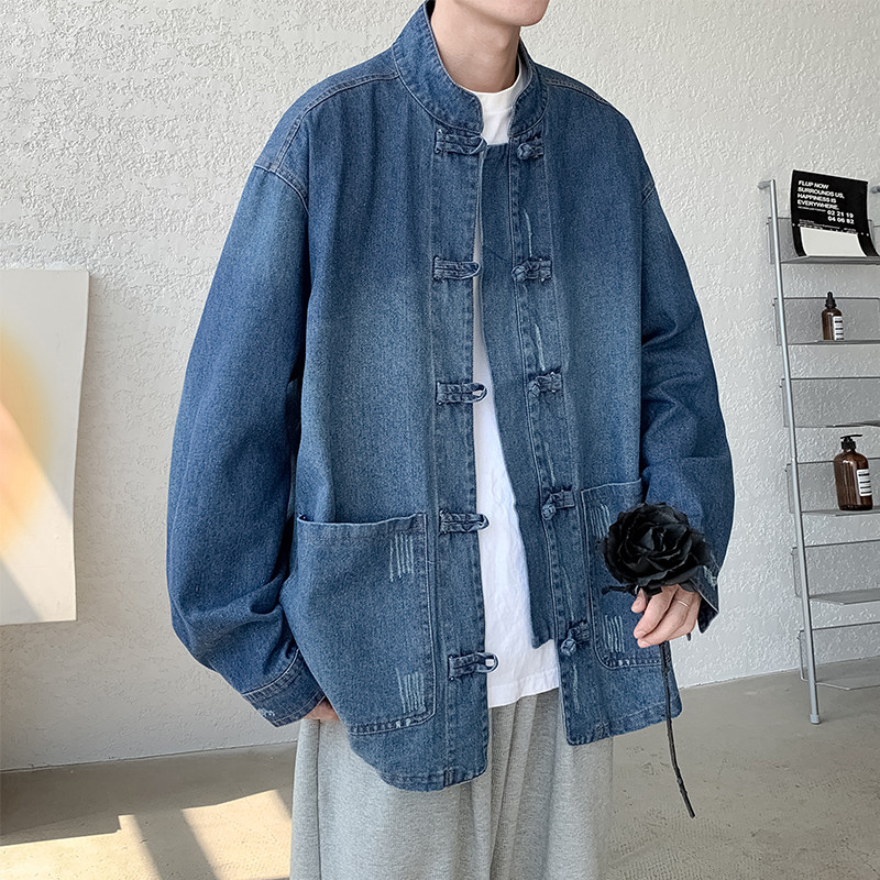 25年宽松加大码牛仔做旧长袖衬衫厚复古中式夹克JK43P105,男装衬衫,电商B375