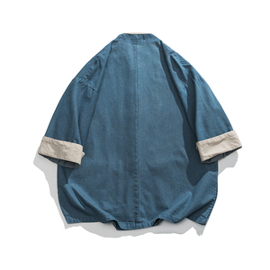 夏装港风中式布衣牛仔衬衫风马褂汉服做旧衬衣 C78 F75图片