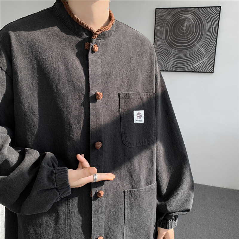 2025港风水洗布扣复古日系加大码新中式风衬衫JK63P110，男装衬衫，电商B375