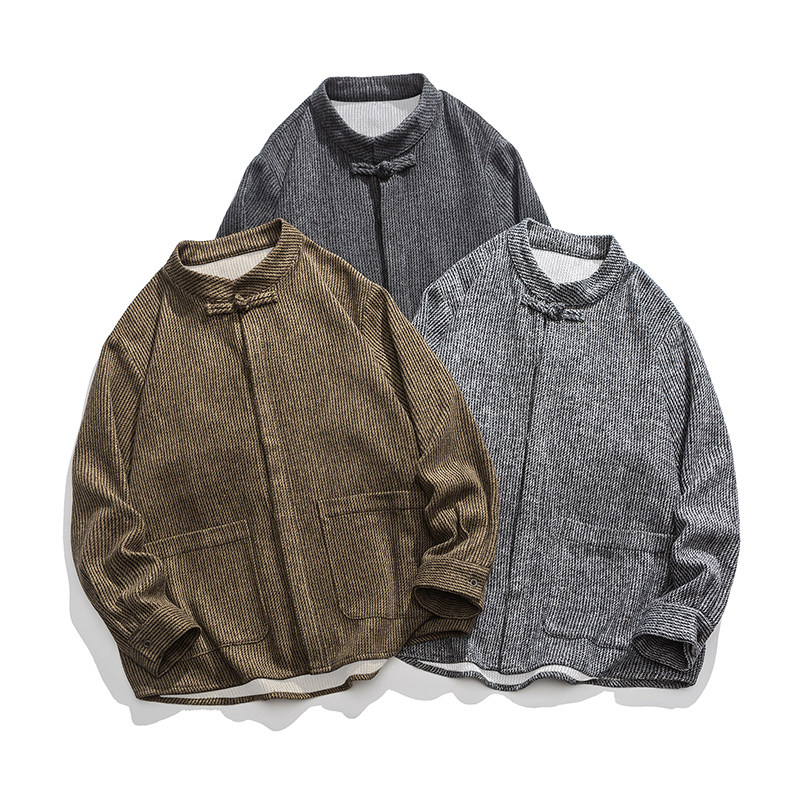 日系秋冬打底厚毛呢立领布扣中式宽松风长袖衬衫JK49P75，男装T恤，电商B375