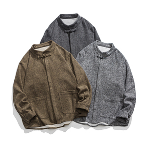 日系秋冬打底厚毛呢立领布扣中式宽松风长袖衬衫 JK49 P75，男装T恤，电商B375