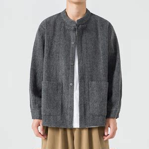 秋冬厚毛呢大口袋布扣打底宽松立领中式风夹克 JK49 P75图片
