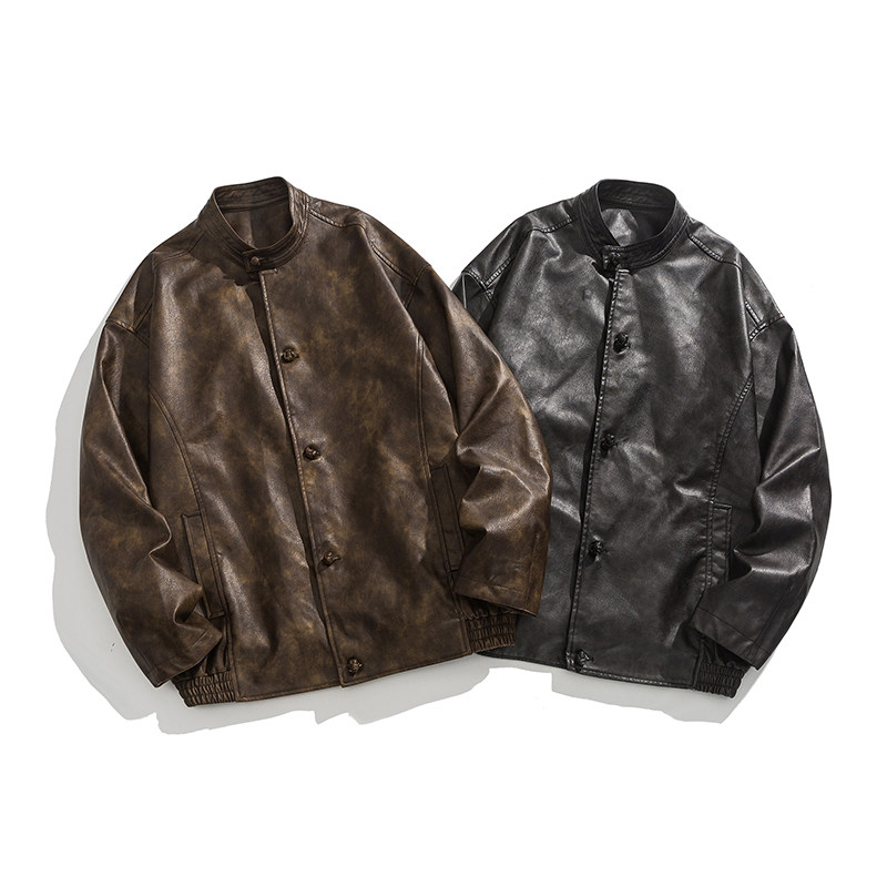 25年平铺厚立领皮衣风布扣汉服新中式皮夹克JK69P125,男装皮衣,电商B375