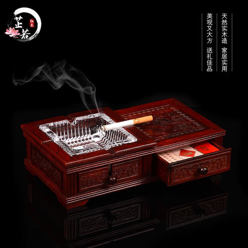 实木雕刻古典风福字烟灰缸工艺品