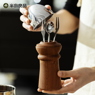 乌檀木水果叉收纳罐带盖不锈钢创意甜品叉签子勺子高级收纳盒套装