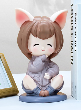 搪胶狐耳少女可爱桌面存钱罐摆件