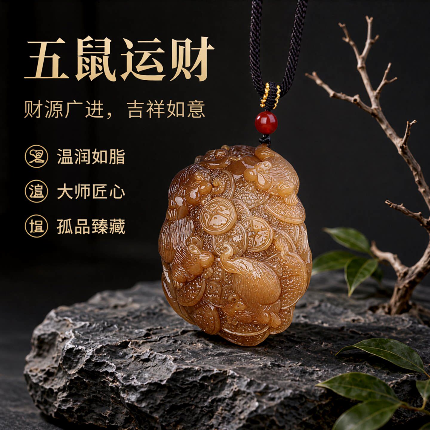大师工艺和田玉糖玉五鼠运财吊坠