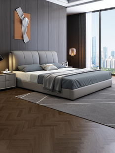 真皮床现代简约大床主卧高端大气轻奢皮床婚床软包双人床皮艺床