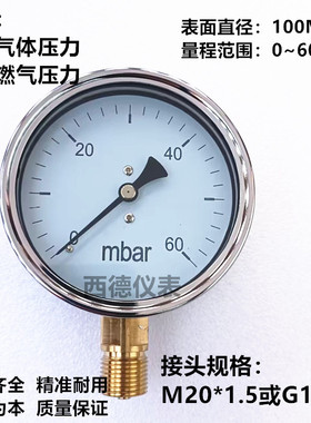 100MM直立式0-60mbar微压压力表 微压毫巴压力表 燃气压力表