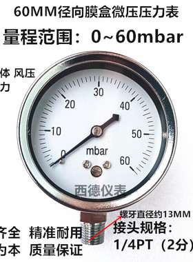 60MM立式0-60mbar(毫巴)压力表 微压压力表 毫巴燃气表