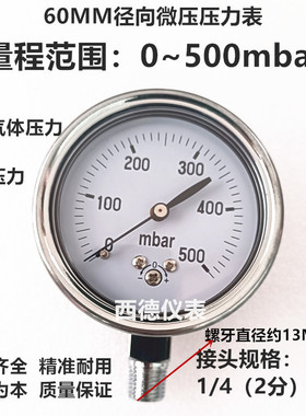 60MM径向0－500mbar毫巴压力表 MBAR压力表 mbar压力表 燃气压力