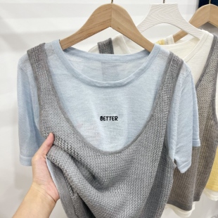 假两件针织衫女款时尚洋气2026新款夏季短袖t恤撞色宽松体恤上衣