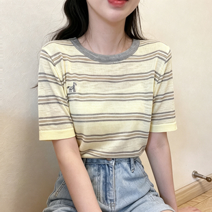 小马条纹冰丝针织衫女款撞色短袖t恤2026新款薄款圆领小个子上衣
