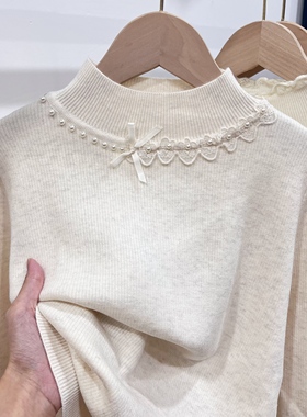 软糯亮丝针织女加绒加厚毛衣内搭小众高级感蝴蝶结珍珠打底衫上衣