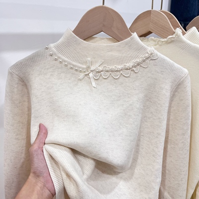 软糯亮丝针织女加绒加厚毛衣内搭小众高级感蝴蝶结珍珠打底衫上衣