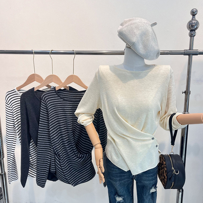 条纹针织不规则设计感上衣遮肚子减龄高级感t恤高质量毛衣小衫秋