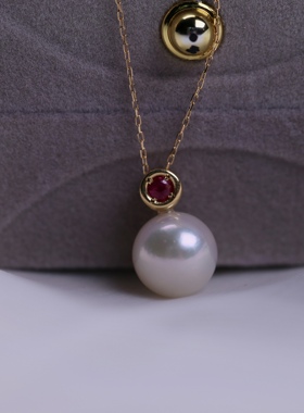 日本新款现货两戴款8mm akoya海水珍珠项链红宝石钻石吊坠k18黄金