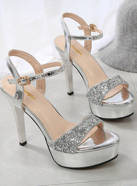 高跟凉鞋 防水台一字扣粗跟女鞋 Women's Glitter Platform Heels