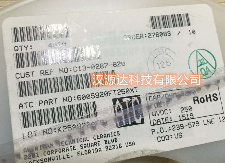 600S820FT250XT ATC原装贴片高频高压电容 0603 82PF 1% 250V NPO