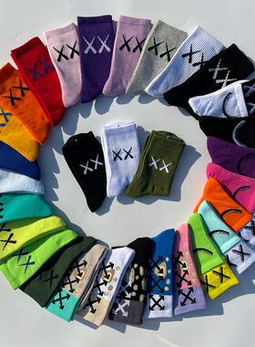 潮ins网红男女中筒袜子 紫色XX荧光绿粉学院风欧美街头滑板长棉袜