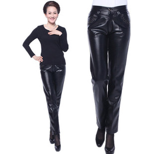 子加绒保暖裤 妈妈裤 PU长裤 外穿高腰宽松加肥大码 秋冬中老年女皮裤